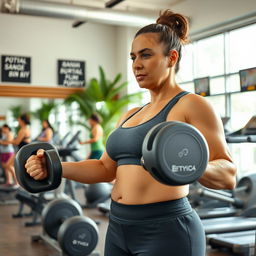 A fit and curvy 45-year-old woman working out in a modern Indonesian gym, wearing sporty gym attire