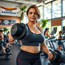 A fit and curvy 45-year-old woman working out in a modern Indonesian gym, wearing sporty gym attire