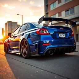 A beautifully detailed Subaru WRX, showcasing an intercooler and two large turbos, highlighted by an aggressive widebody kit that emphasizes its muscular stance