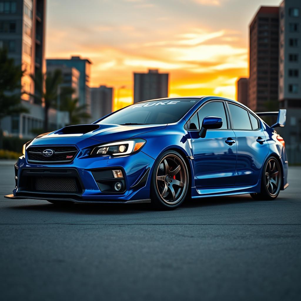 A beautifully detailed Subaru WRX, showcasing an intercooler and two large turbos, highlighted by an aggressive widebody kit that emphasizes its muscular stance