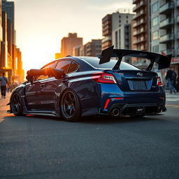 A stunning Subaru WRX, featuring a prominent intercooler and two large turbos, accentuated by an aggressive widebody kit that boosts its fierce appearance