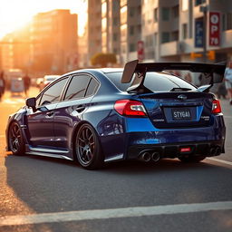 A stunning Subaru WRX, featuring a prominent intercooler and two large turbos, accentuated by an aggressive widebody kit that boosts its fierce appearance