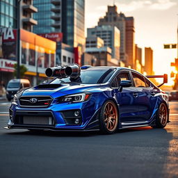 A stunning Subaru WRX, featuring a prominent intercooler and two large turbos, accentuated by an aggressive widebody kit that boosts its fierce appearance