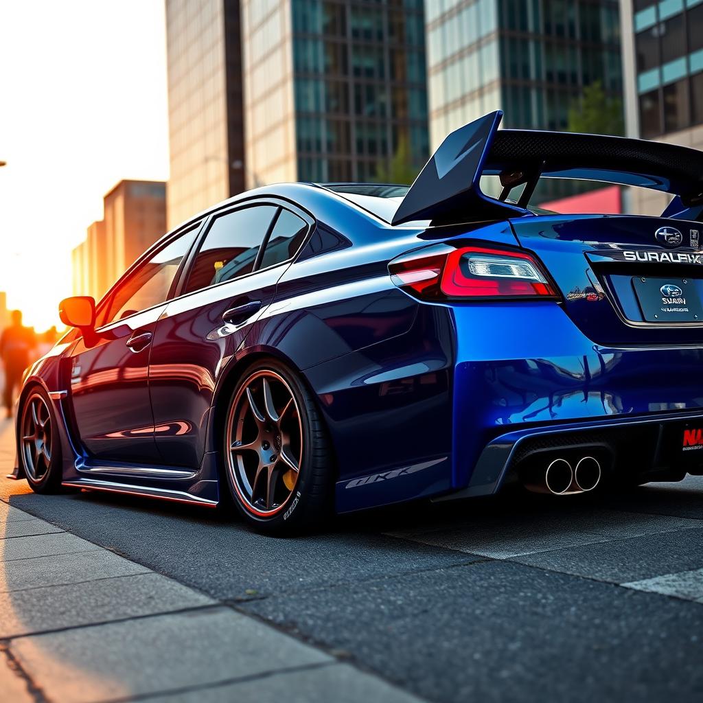 A stunning Subaru WRX, featuring a prominent intercooler and two large turbos, accentuated by an aggressive widebody kit that boosts its fierce appearance