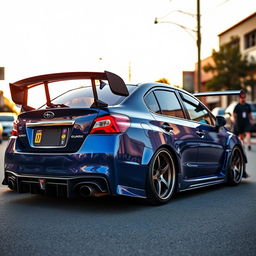 An eye-catching Subaru WRX, equipped with a prominent intercooler and two impressive turbos, showcases an aggressive widebody design that gives it a powerful presence