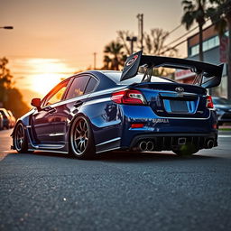 An eye-catching Subaru WRX, equipped with a prominent intercooler and two impressive turbos, showcases an aggressive widebody design that gives it a powerful presence