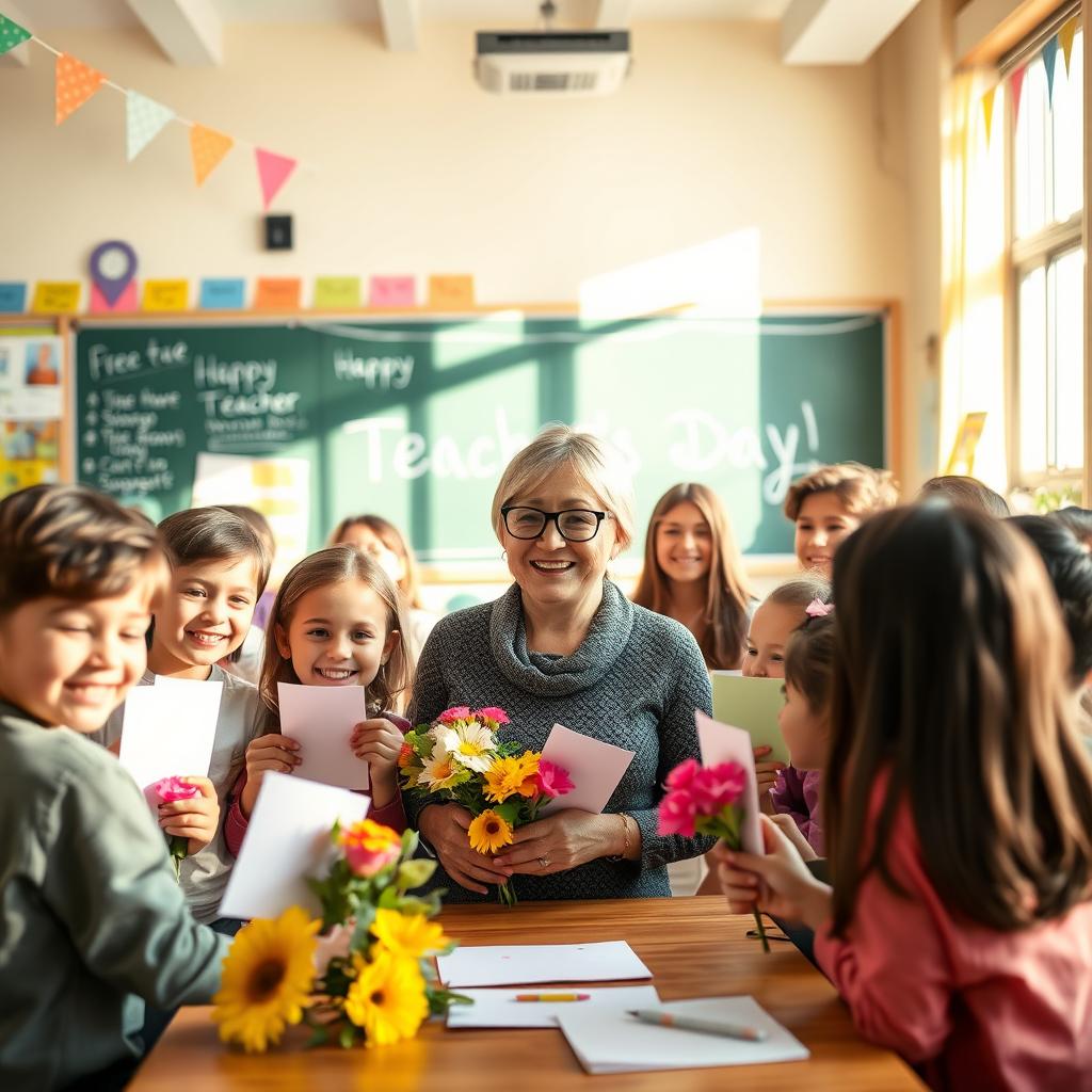 A warm and inviting classroom scene celebrating Teacher's Day, featuring a diverse group of happy students presenting flowers and handmade cards to their beloved teacher