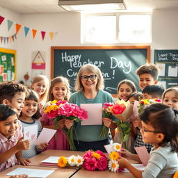 A warm and inviting classroom scene celebrating Teacher's Day, featuring a diverse group of happy students presenting flowers and handmade cards to their beloved teacher