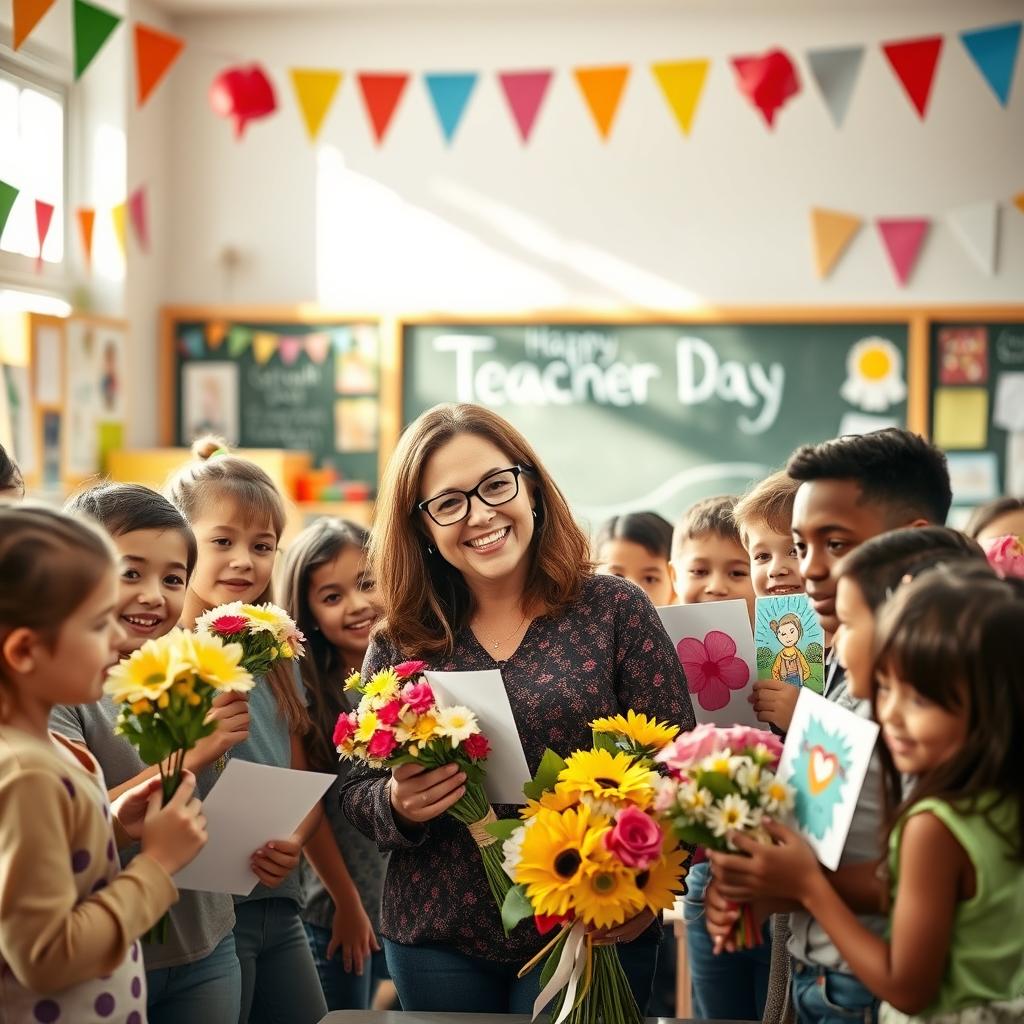 A warm and inviting classroom scene celebrating Teacher's Day, featuring a diverse group of happy students presenting flowers and handmade cards to their beloved teacher