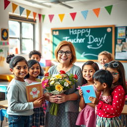 A warm and inviting classroom scene celebrating Teacher's Day, featuring a diverse group of happy students presenting flowers and handmade cards to their beloved teacher