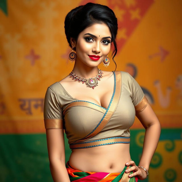 A beautiful Indian woman with big breasts, wearing a traditional Indian blouse that flatters her figure