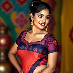 A beautiful Indian woman with big breasts, wearing a traditional Indian blouse that flatters her figure