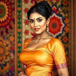 A lovely Indian woman with round, voluptuous breasts, dressed in a traditional Indian blouse that accentuates her curves