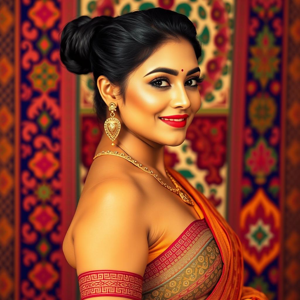 A lovely Indian woman with round, voluptuous breasts, dressed in a traditional Indian blouse that accentuates her curves