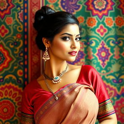 A lovely Indian woman with round, voluptuous breasts, dressed in a traditional Indian blouse that accentuates her curves