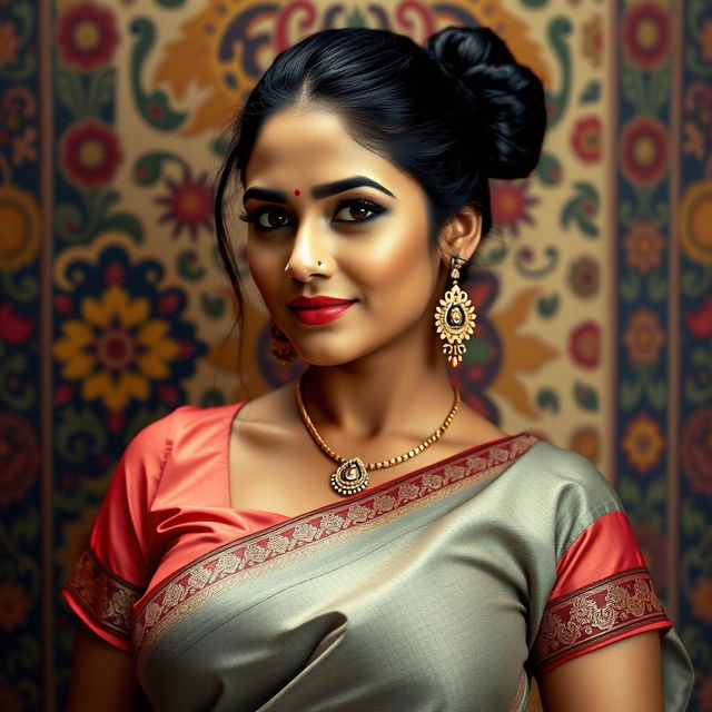 A lovely Indian woman with round, voluptuous breasts, dressed in a traditional Indian blouse that accentuates her curves