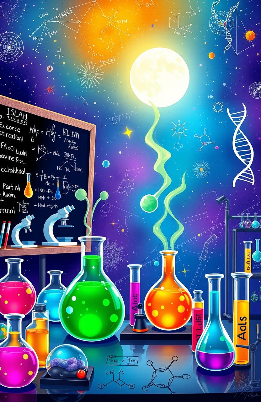 A vibrant and mesmerizing scene showcasing various aspects of science