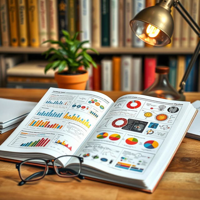 An open science report book displayed on a wooden desk, showcasing colorful graphs, charts, and detailed scientific illustrations