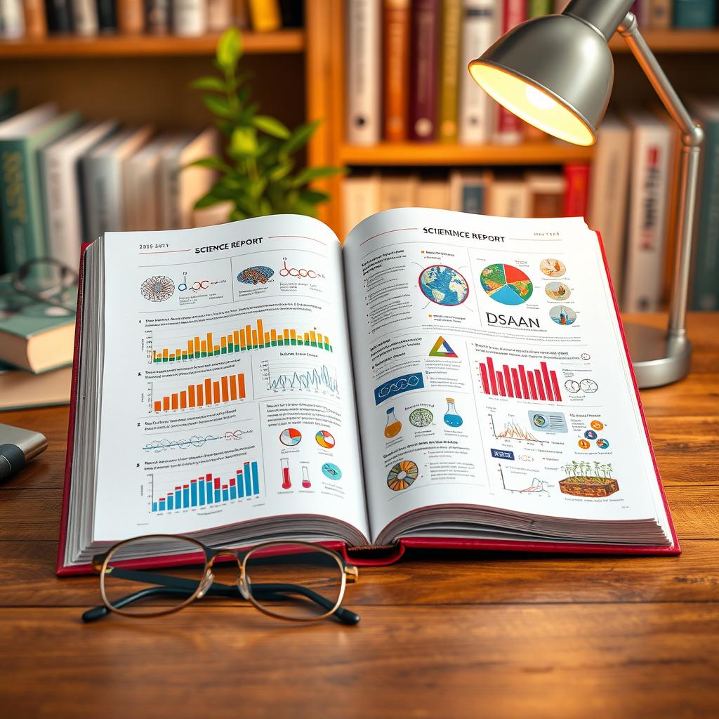 An open science report book displayed on a wooden desk, showcasing colorful graphs, charts, and detailed scientific illustrations