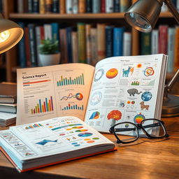 An open science report book displayed on a wooden desk, showcasing colorful graphs, charts, and detailed scientific illustrations