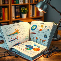 An open science report book displayed on a wooden desk, showcasing colorful graphs, charts, and detailed scientific illustrations