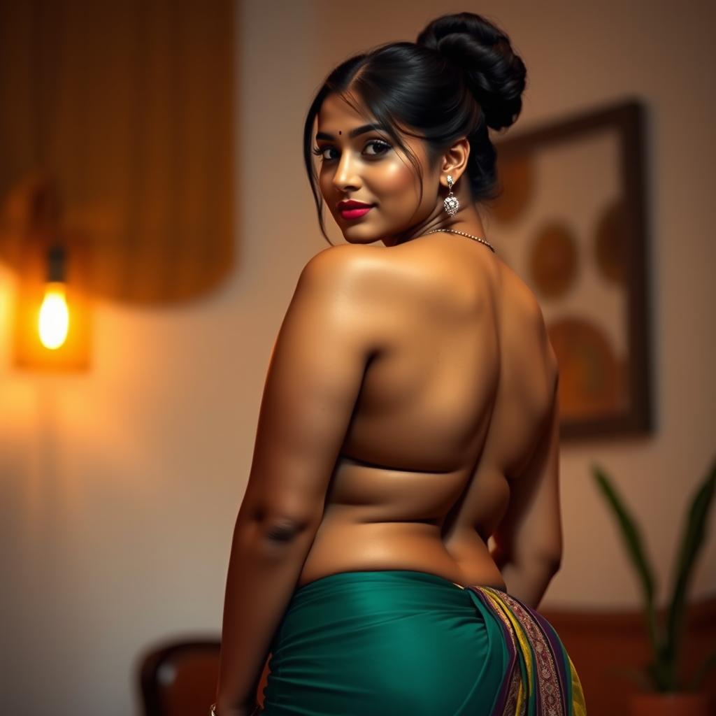 An attractive Indian woman with a voluptuous figure, prominent round breasts, and a bun hairstyle