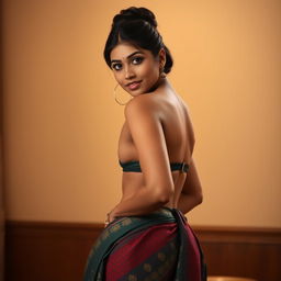 An attractive Indian woman with a voluptuous figure, prominent round breasts, and a bun hairstyle