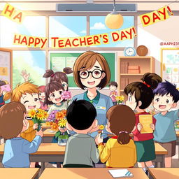 An anime-style illustration celebrating Teacher's Day, featuring a cheerful classroom filled with vibrant colors