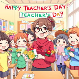 An anime-style illustration celebrating Teacher's Day, featuring a cheerful classroom filled with vibrant colors