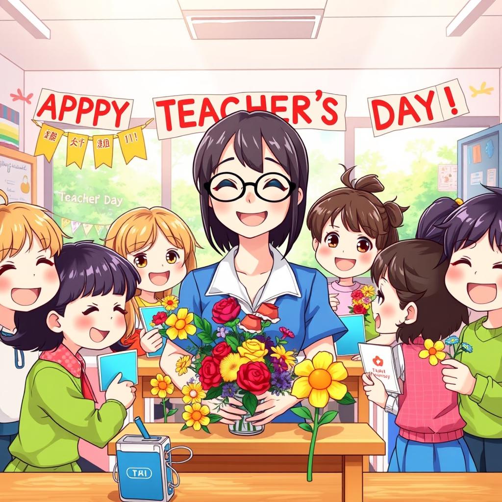 An anime-style illustration celebrating Teacher's Day, featuring a cheerful classroom filled with vibrant colors