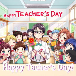 An anime-style illustration celebrating Teacher's Day, featuring a cheerful classroom filled with vibrant colors