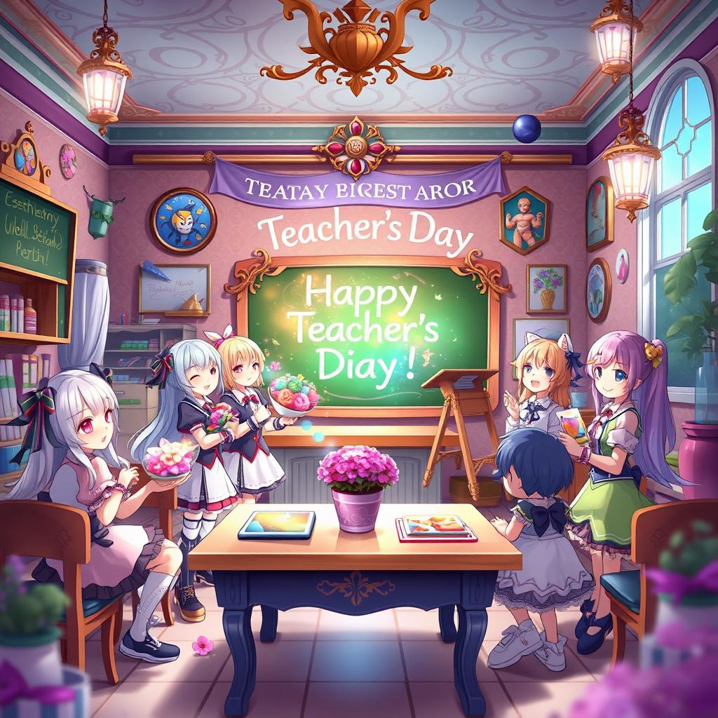 An enchanting scene inspired by Genshin Impact celebrating Teacher's Day, featuring beloved characters from the game gathered in a beautifully designed classroom that reflects the aesthetic of Teyvat