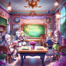 An enchanting scene inspired by Genshin Impact celebrating Teacher's Day, featuring beloved characters from the game gathered in a beautifully designed classroom that reflects the aesthetic of Teyvat