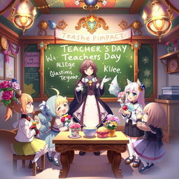 An enchanting scene inspired by Genshin Impact celebrating Teacher's Day, featuring beloved characters from the game gathered in a beautifully designed classroom that reflects the aesthetic of Teyvat