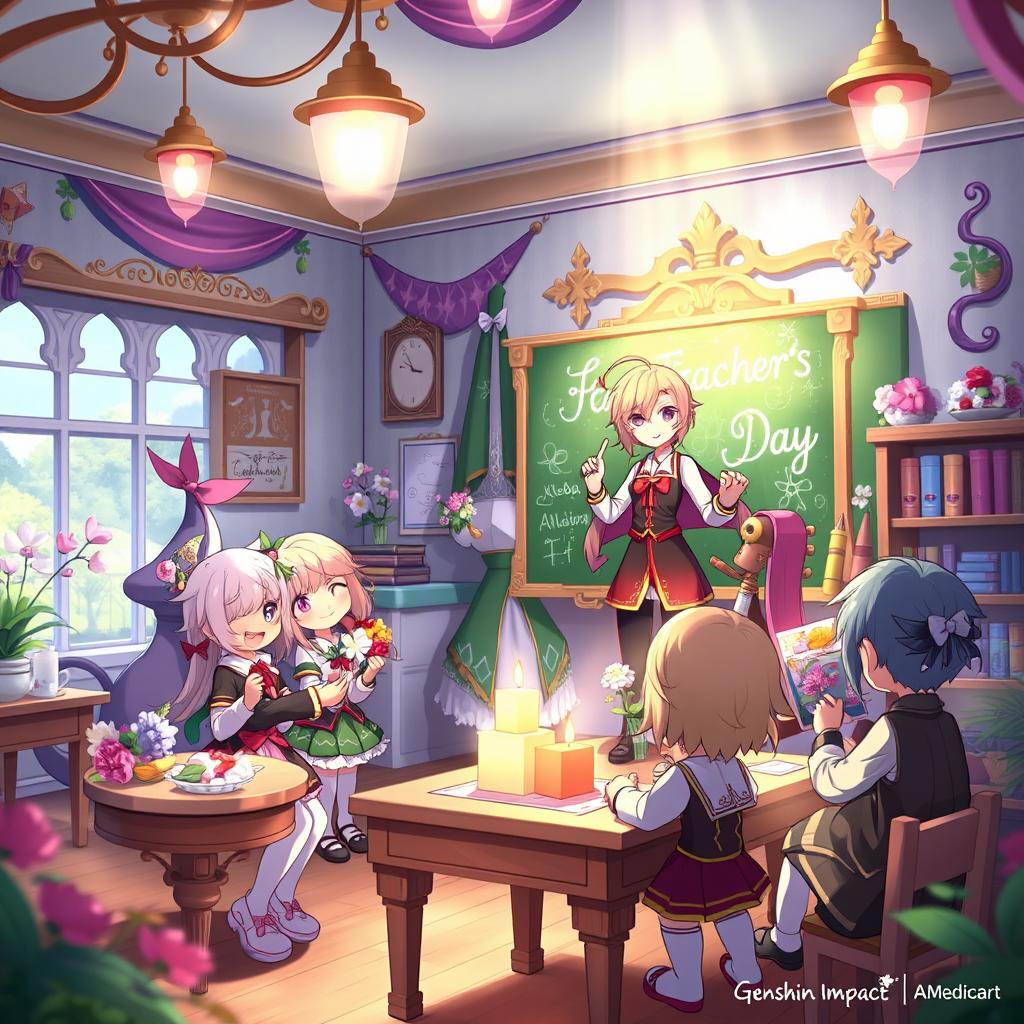 An enchanting scene inspired by Genshin Impact celebrating Teacher's Day, featuring beloved characters from the game gathered in a beautifully designed classroom that reflects the aesthetic of Teyvat