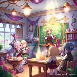 An enchanting scene inspired by Genshin Impact celebrating Teacher's Day, featuring beloved characters from the game gathered in a beautifully designed classroom that reflects the aesthetic of Teyvat