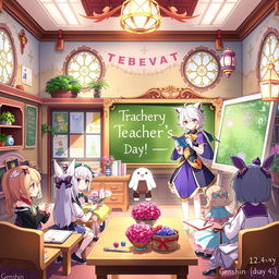 An enchanting scene inspired by Genshin Impact celebrating Teacher's Day, featuring beloved characters from the game gathered in a beautifully designed classroom that reflects the aesthetic of Teyvat