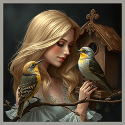 A beautiful blonde woman in love, gazing affectionately next to a singing cuckoo