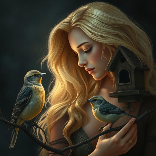 A beautiful blonde woman in love, gazing affectionately next to a singing cuckoo