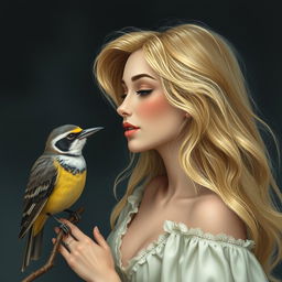 A beautiful blonde woman in love, gazing affectionately next to a singing cuckoo