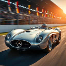 A stunning Mercedes T80 racing car, showcasing its sleek, aerodynamic design and iconic silver finish