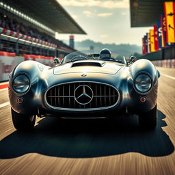 A stunning Mercedes T80 racing car, showcasing its sleek, aerodynamic design and iconic silver finish