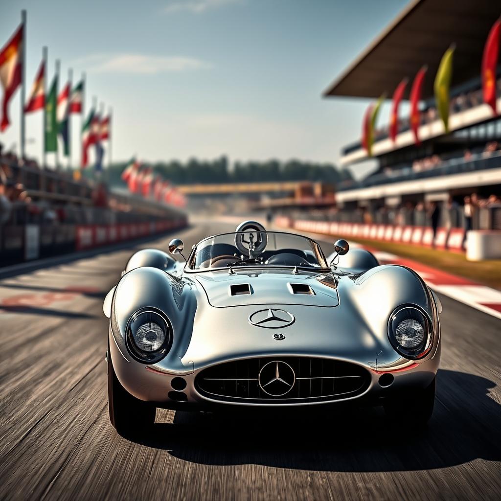 A stunning Mercedes T80 racing car, showcasing its sleek, aerodynamic design and iconic silver finish