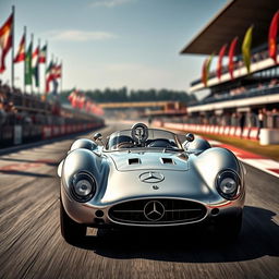 A stunning Mercedes T80 racing car, showcasing its sleek, aerodynamic design and iconic silver finish