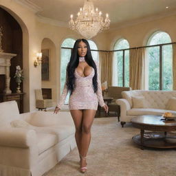 Present a picturesque scene where Nicki Minaj, fond of Donovan, is inviting him to her luxurious house. Highlight the anticipation in her eyes and the warm welcoming atmosphere.