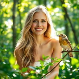 A portrait of a beautiful woman with long blonde hair, looking serene and joyful