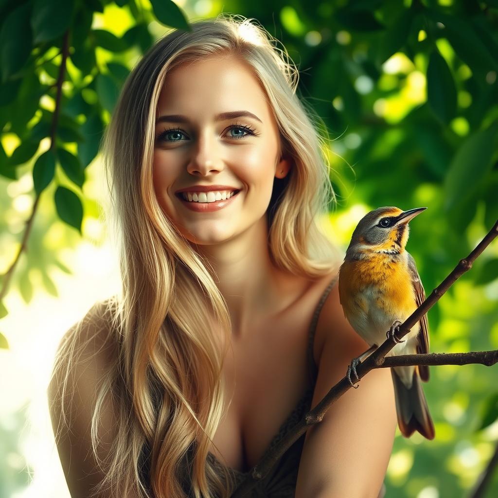 A portrait of a beautiful woman with long blonde hair, looking serene and joyful