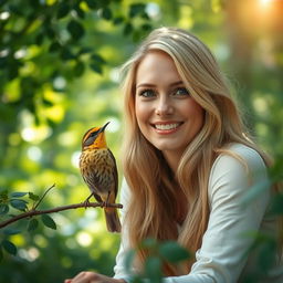 A portrait of a beautiful woman with long blonde hair, looking serene and joyful