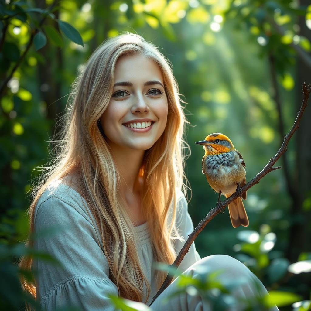 A portrait of a beautiful woman with long blonde hair, looking serene and joyful