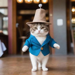 Picture the dreaming cat transitioning into an amusing scene of it walking on two legs, wearing a stylish tiny hat and carrying a mini coat, entering a fancy, bustling restaurant.